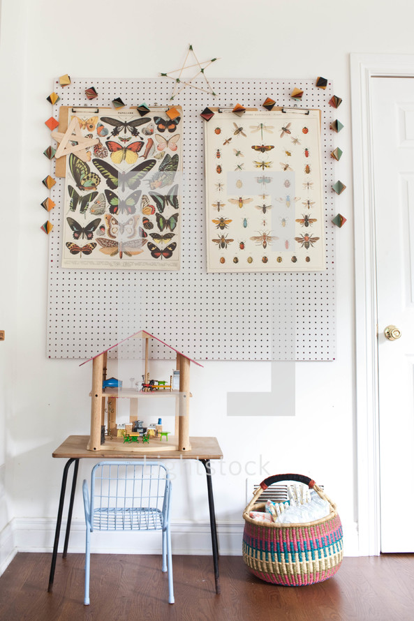 butterfies and bugs posters over a desk 