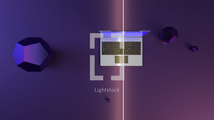 Computer with laser through it and purple prisms