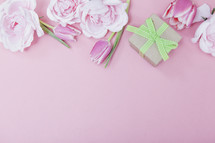 Pink Gift Background with Spring Flowers