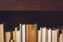 a row of books turned backwards and the Bible 