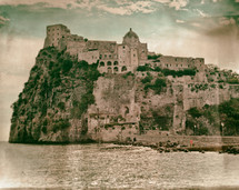 Aragonese Castle to Ischia, italian island, in vintage style