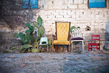 Family chairs and cactus outside by a brick wall.