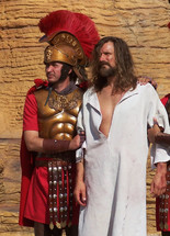 The Arrest of Jesus - Jesus is arrested by Roman guards and taken before the Roman governor to be questioned then whipped before ultimately being taken to the cross to be crucified. 