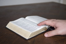 Man pointing to words in the Bible as he searches for the truth. 