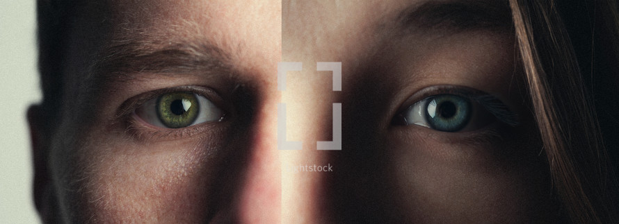 Split image of a man's eye and a woman's eye.