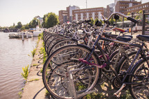 bikes parked near a harbor in The Netherlands 