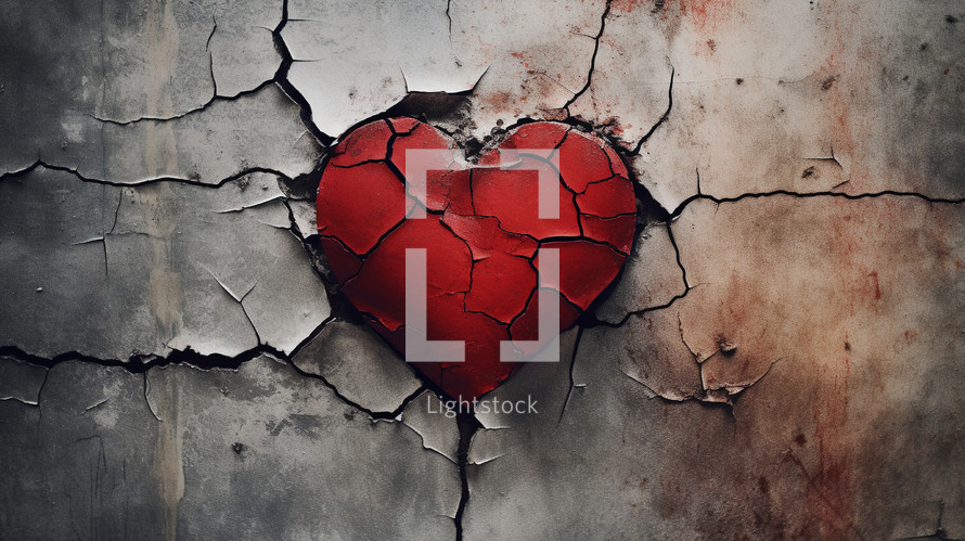 Cracked red heart on a cracked concrete background. 