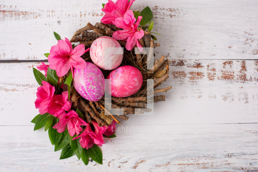 pink flowers and pink eags in a nest 