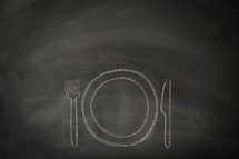 chalk drawings of an empty plate, fork, and knife 