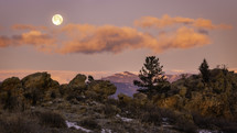 The first moon of 2020, the Wolfmoon, shines brightly over the landscape of the Devils Backbone located in Loveland, Colorado