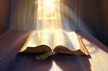 Open bible on the table at the window in the rays of the sun
