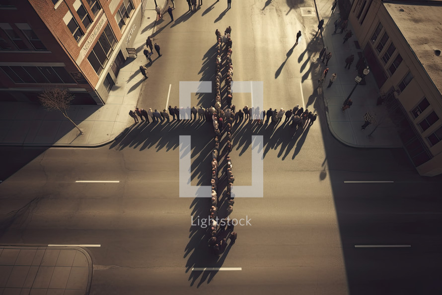 People gathering in the shape of a Cross in the middle of a street