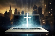 Faith at the Digital Age. Laptop with glowing christian cross on blurry city background 3D rendering