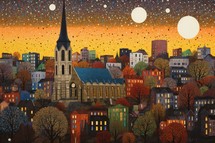 Cartoon scene with church in the city at night illustration