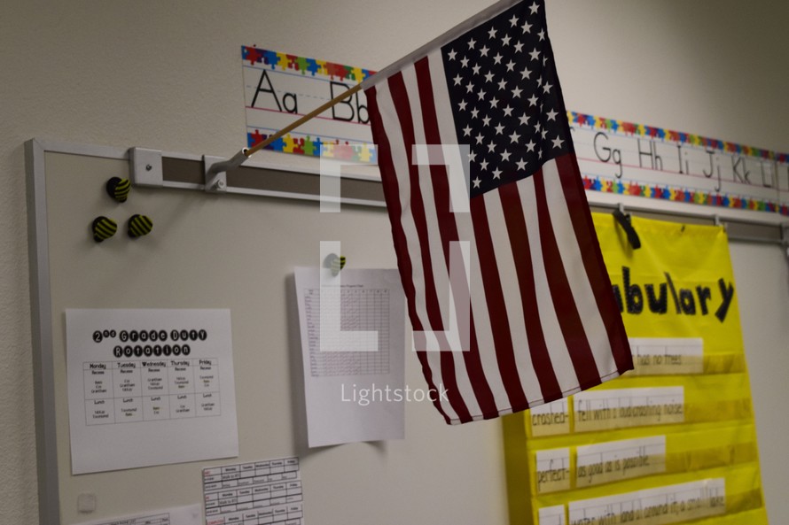 An American flag in a classroom 