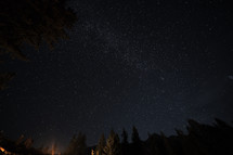 stars in the night sky over a forest and lights from cabins 