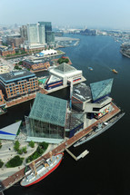 looking down from above at Baltimore harbor 