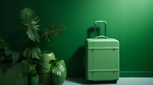 Green suitcase against a green wall. Travel concept. 