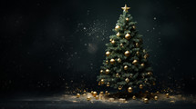 Gold ornaments and dust on a green tree with a star. 