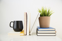 books, mug, house plant on a desk 