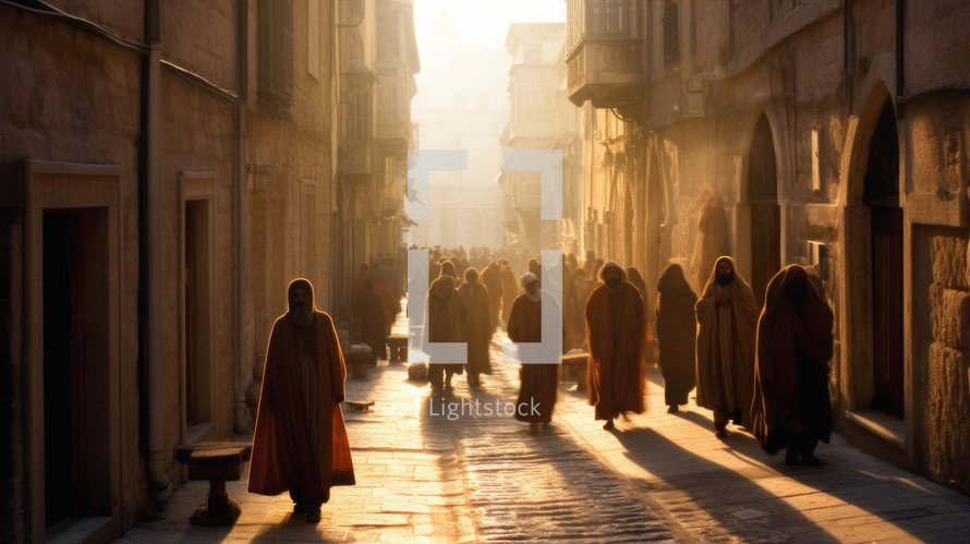 The sun shines in the morning across a busy street in the ancient city of Jerusalem BC. 
