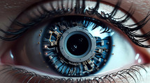 Technological bionic artificial eye of a women after a futuristic transplant. AI Generative