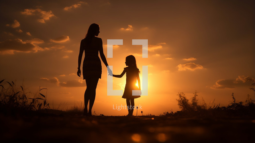 Mother and daughter holding hands at sunset. 