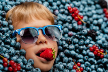Smiling boy in sunglasses surrounded by berries