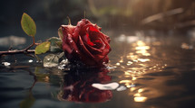 Red rose submerged in water with sunlight. 