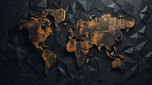 Aged metal world map on black geometric background. 