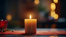 One candle burning at Christmas with bokeh background. 