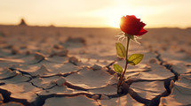 Red rose growing in the dry desert.