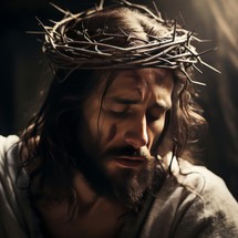 Portrait of Jesus wearing a crown of thorns, face expressing suffering