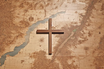 Missionary work. Cross on old map background. Cross on the old map.