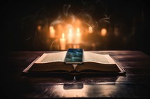 Faith at the Digital Age. Book with smart phone on wooden table and burning candles on background. Selective focus