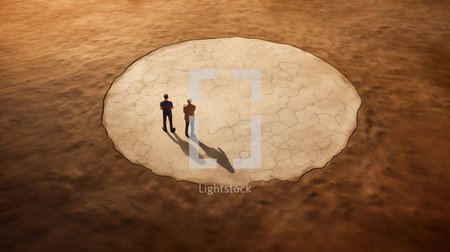 Two men standing in side a circle in the dirt. Inner circle concept. 