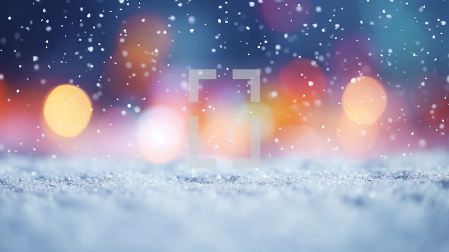 Falling snow background with colorful bokeh lights. 