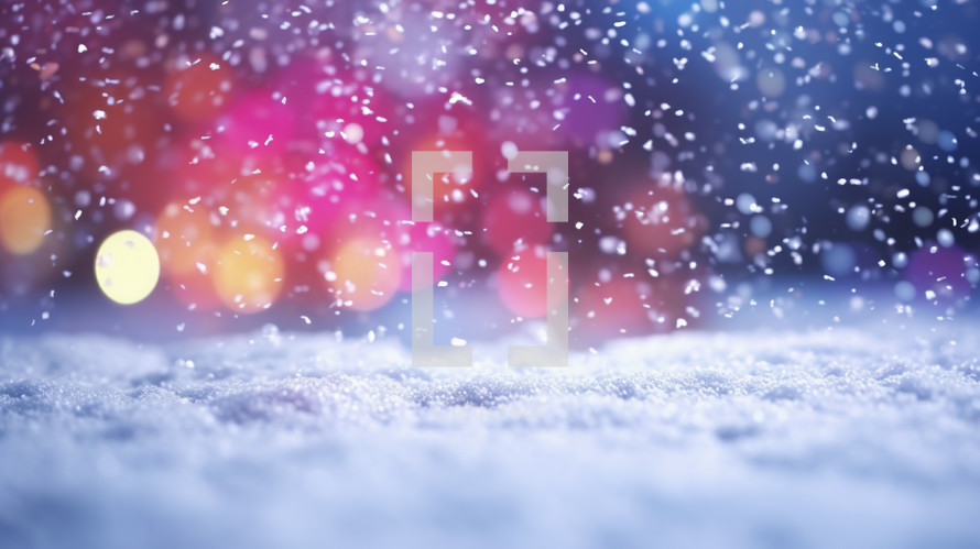 Falling snow background with colorful bokeh lights at night. 