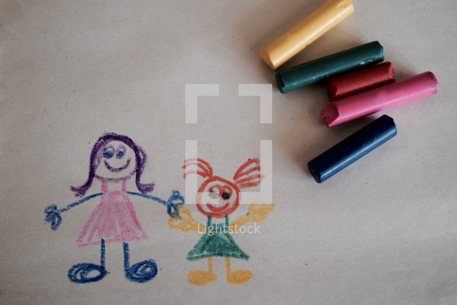 a child's drawing in crayon of a mother and daughter 