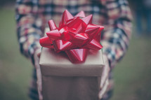 A woman holding a gift wrapped in brown and a red bow