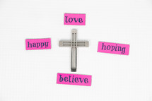 cross, love, believe, words, lettering, sign, hoping, happy, Easter, pink 