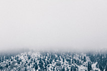 fog over a snow covered mountain top 