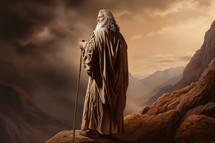 Moses on the mountain holding his staff