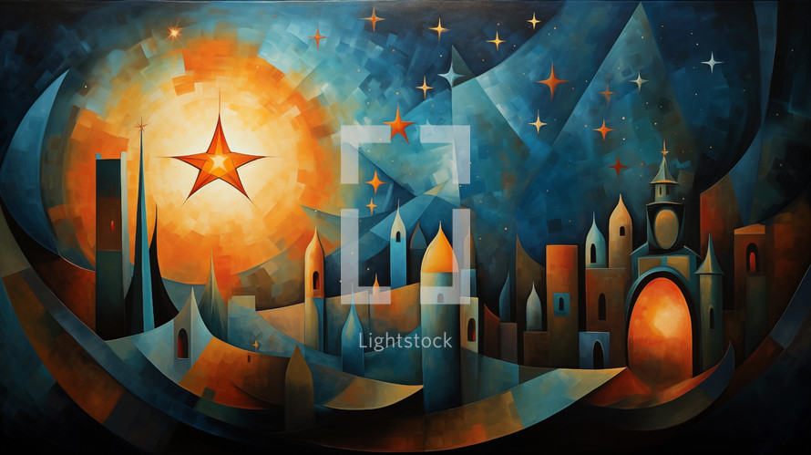 Abstract illustration of Bethlehem and the star of Bethlehem. 