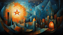 Abstract illustration of Bethlehem and the star of Bethlehem. 