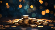 Pile of coins on a bokeh background. 