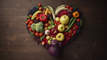 Fruits and vegetables in the shape of a heart. Healthy eating concept. 