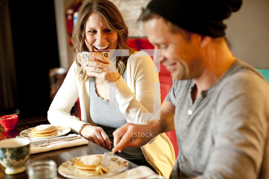 breakfast, pancakes, eating, fork, man, couple, woman, coffee 