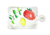 cutting board, food, tomato, lemon, basil, cooking, hand drawn 