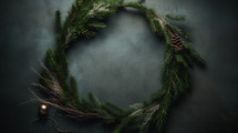 Dark fir holiday wreath background. 